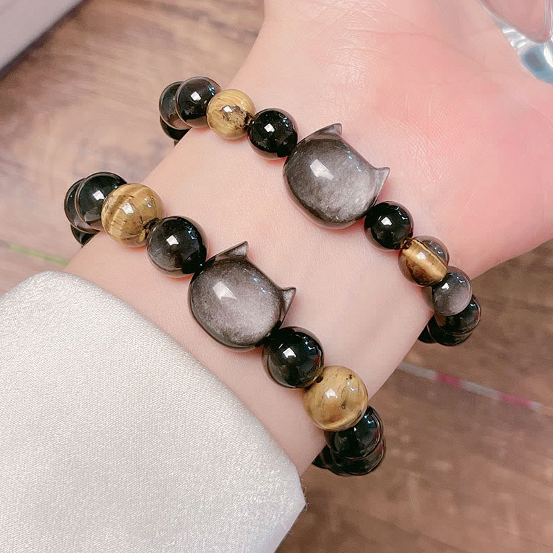 Wear FengShui Natural Silver Sheen Obsidian Beads Cute Cat Soothing Bracelet