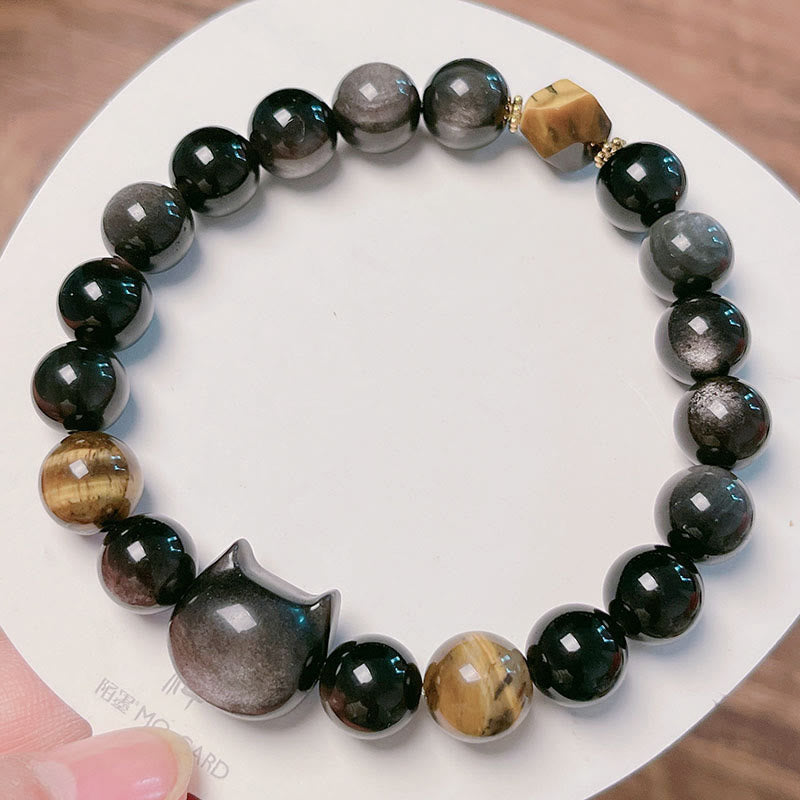 Wear FengShui Natural Silver Sheen Obsidian Beads Cute Cat Soothing Bracelet