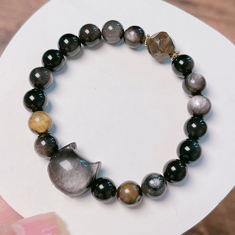 Wear FengShui Natural Silver Sheen Obsidian Beads Cute Cat Soothing Bracelet