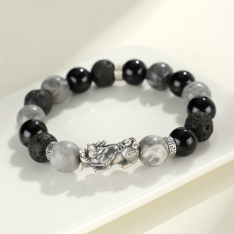 Wear FengShui 999 Sterling Silver PiXiu Black Onyx Grey Jasper Lava Rock Protection Bracelet