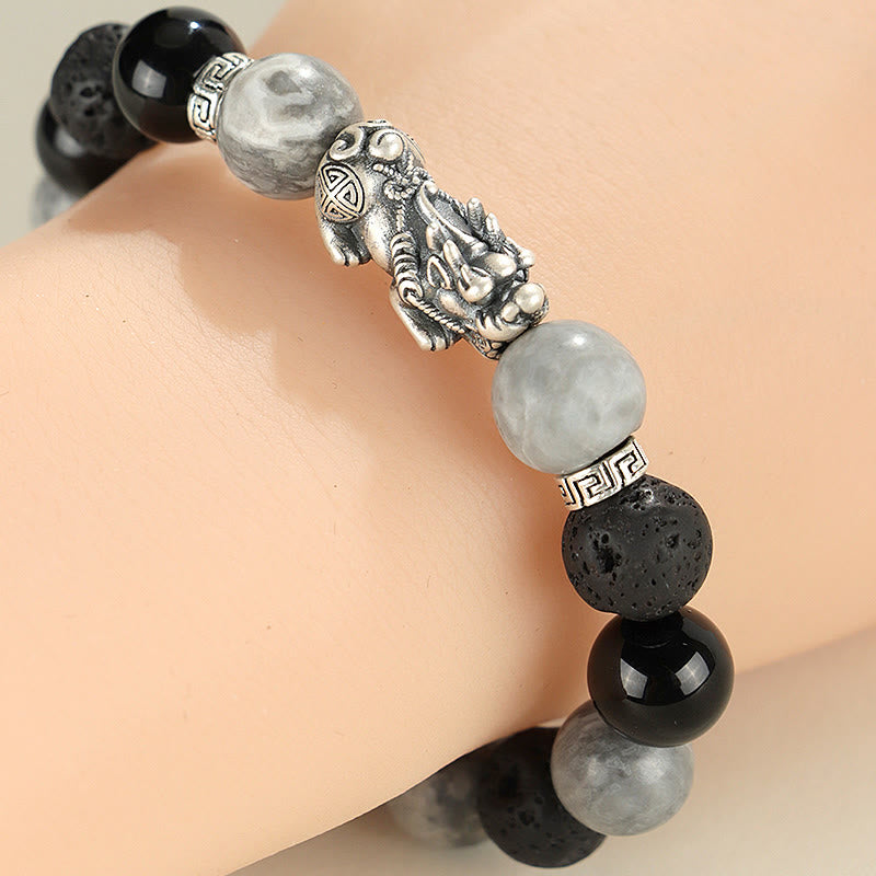 Wear FengShui 999 Sterling Silver PiXiu Black Onyx Grey Jasper Lava Rock Protection Bracelet