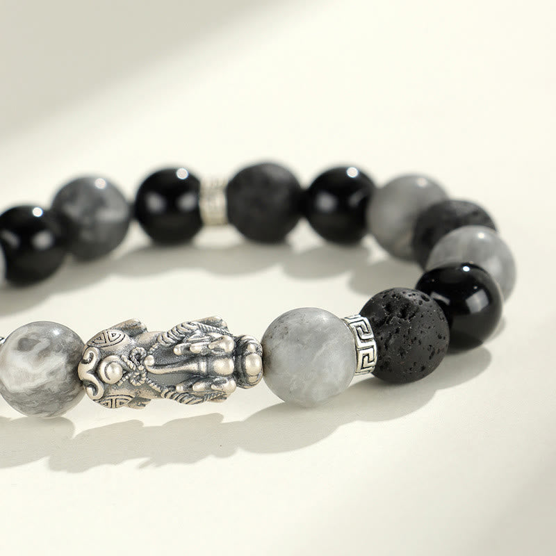 Wear FengShui 999 Sterling Silver PiXiu Black Onyx Grey Jasper Lava Rock Protection Bracelet