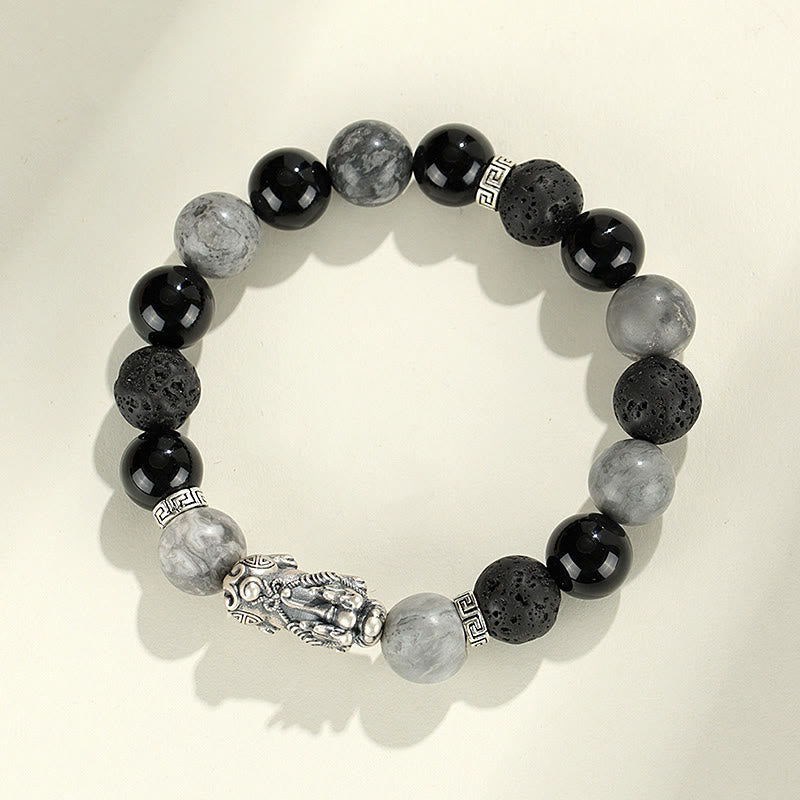 999 Sterling Silver PiXiu Bracelet Black Onyx Grey Jasper Lava Rock Protection Bracelet