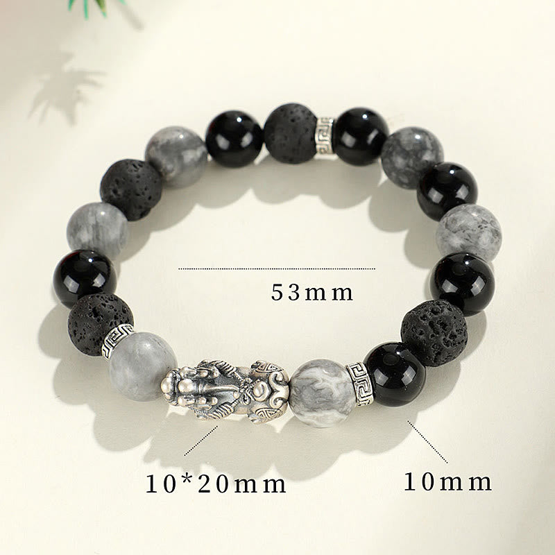 Wear FengShui 999 Sterling Silver PiXiu Black Onyx Grey Jasper Lava Rock Protection Bracelet