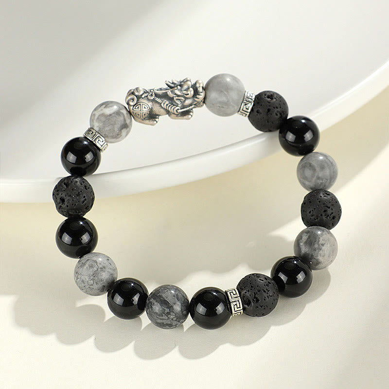 Wear FengShui 999 Sterling Silver PiXiu Black Onyx Grey Jasper Lava Rock Protection Bracelet