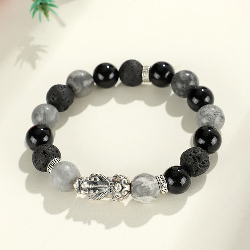 Wear FengShui 999 Sterling Silver PiXiu Black Onyx Grey Jasper Lava Rock Protection Bracelet