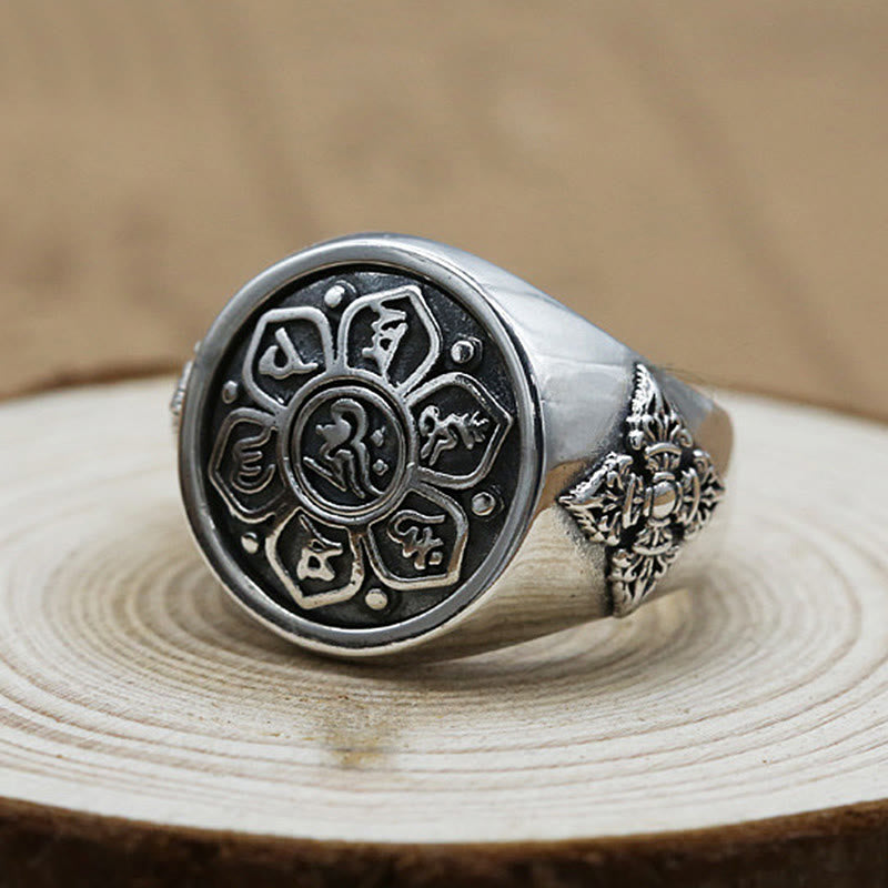 Wear FengShui Tibetan Om Mani Padme Hum Vajra Pattern Copper Focus Rotatable Ring