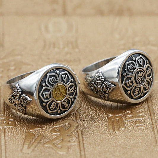 Wear FengShui Tibetan Om Mani Padme Hum Vajra Pattern Copper Focus Rotatable Ring