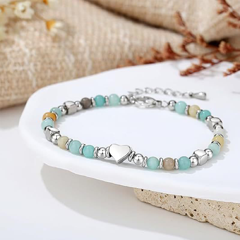 Wear FengShui Natural Stone Amazonite Amethyst Lazurite Rose Quartz Heart Positive Balance Bracelet