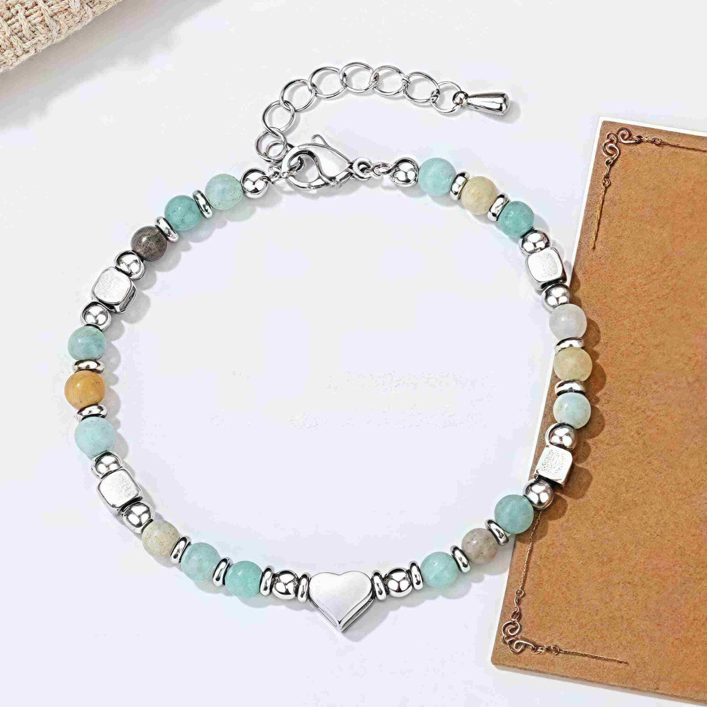 Wear FengShui Natural Stone Amazonite Amethyst Lazurite Rose Quartz Heart Positive Balance Bracelet