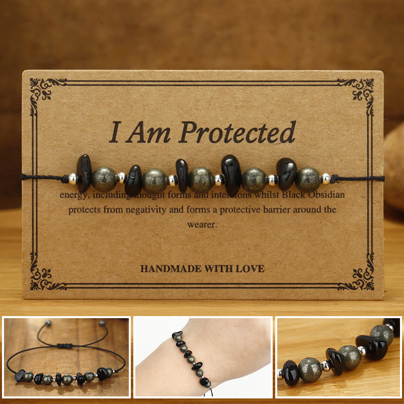 Wear FengShui I Am Protected Iron Pyrite Black Obsidian Fulfillment Bracelet