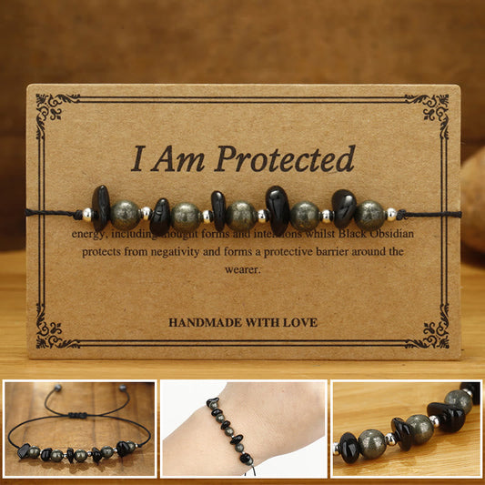 Wear FengShui I Am Protected Iron Pyrite Black Obsidian Fulfillment Bracelet