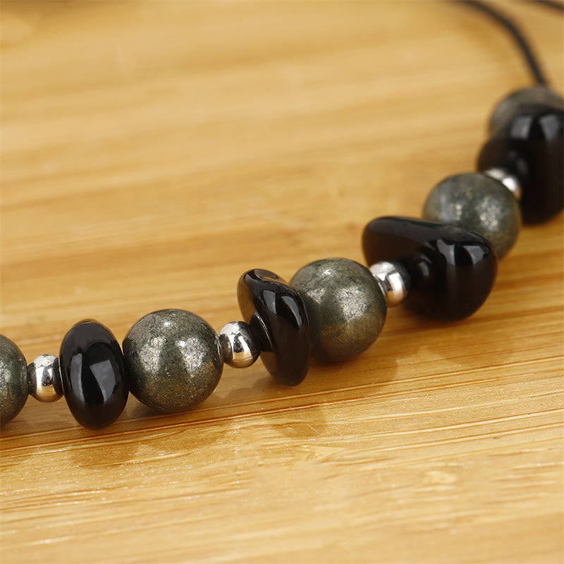 Wear FengShui I Am Protected Iron Pyrite Black Obsidian Fulfillment Bracelet