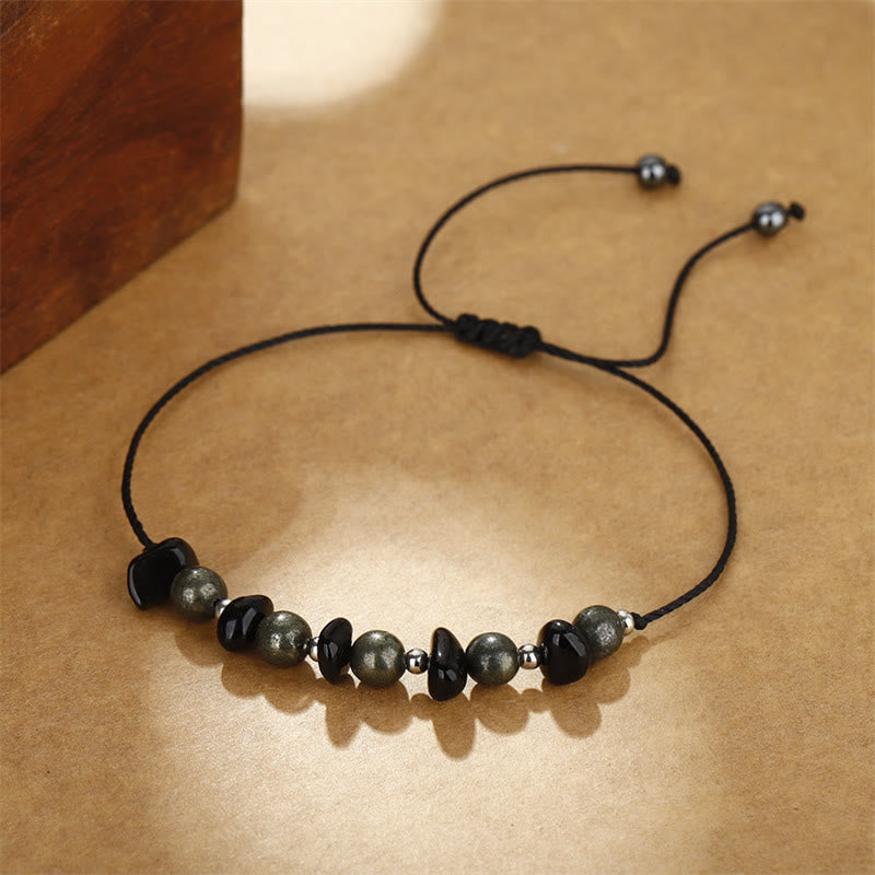 Wear FengShui I Am Protected Iron Pyrite Black Obsidian Fulfillment Bracelet