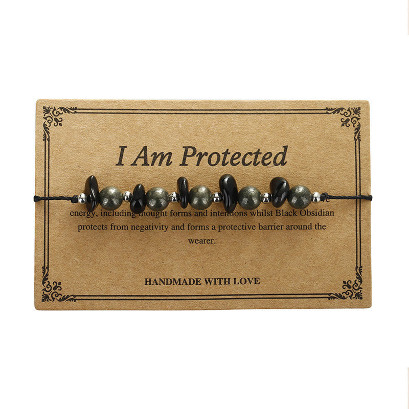 Wear FengShui I Am Protected Iron Pyrite Black Obsidian Fulfillment Bracelet