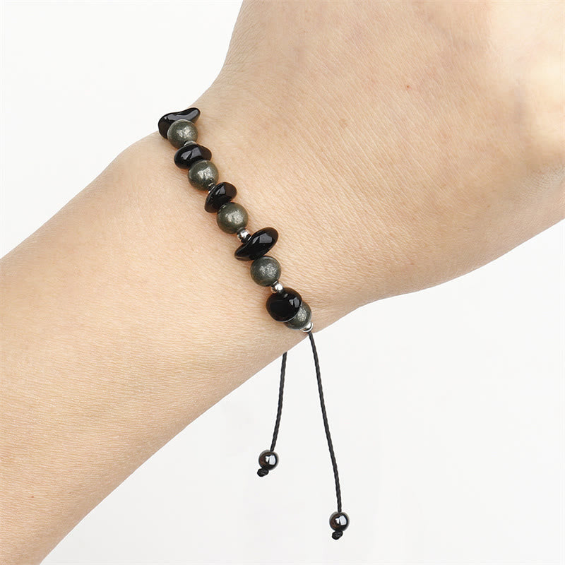 Wear FengShui I Am Protected Iron Pyrite Black Obsidian Fulfillment Bracelet