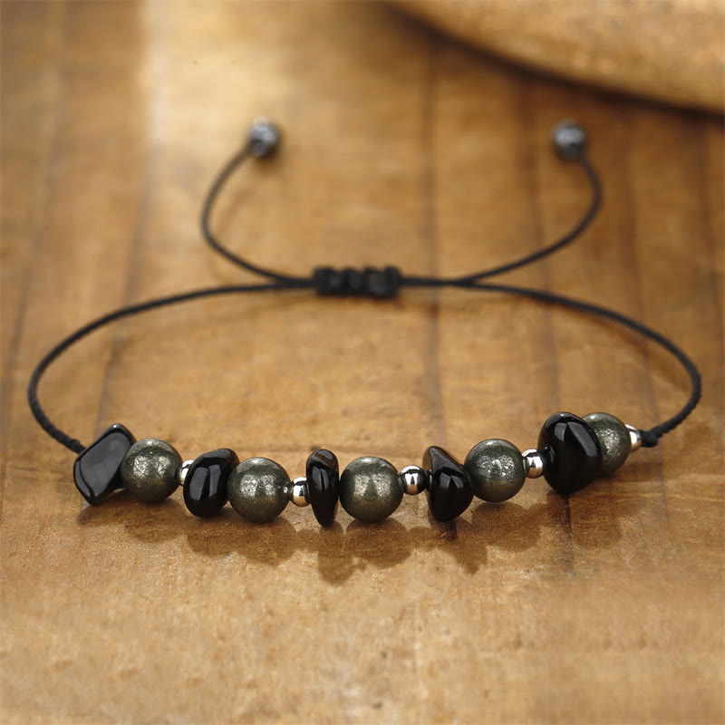 Wear FengShui I Am Protected Iron Pyrite Black Obsidian Fulfillment Bracelet