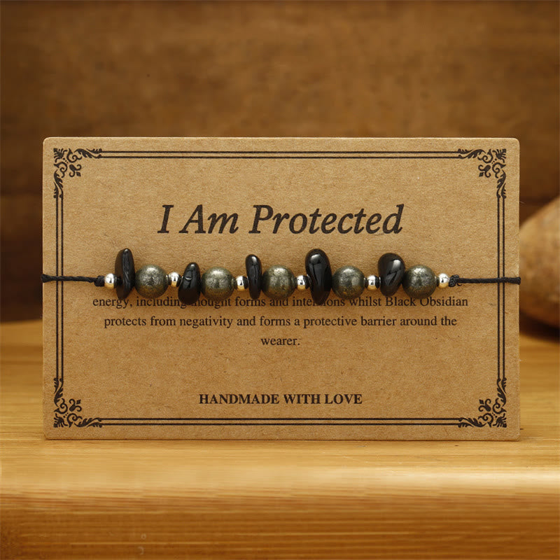Wear FengShui I Am Protected Iron Pyrite Black Obsidian Fulfillment Bracelet
