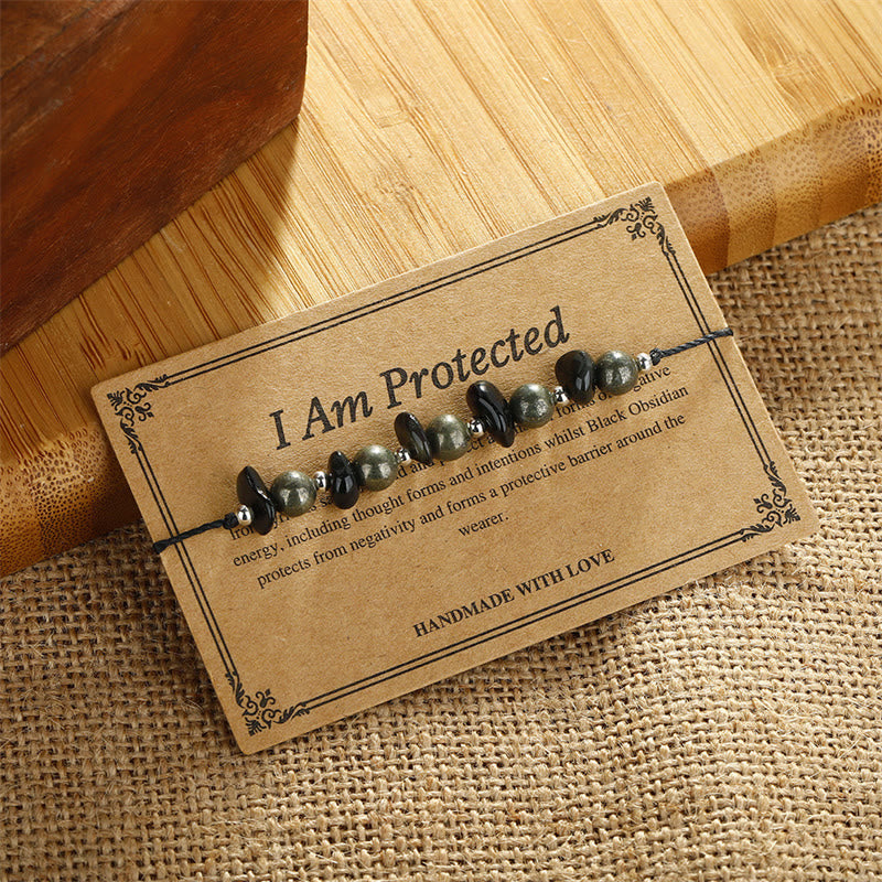 Wear FengShui I Am Protected Iron Pyrite Black Obsidian Fulfillment Bracelet