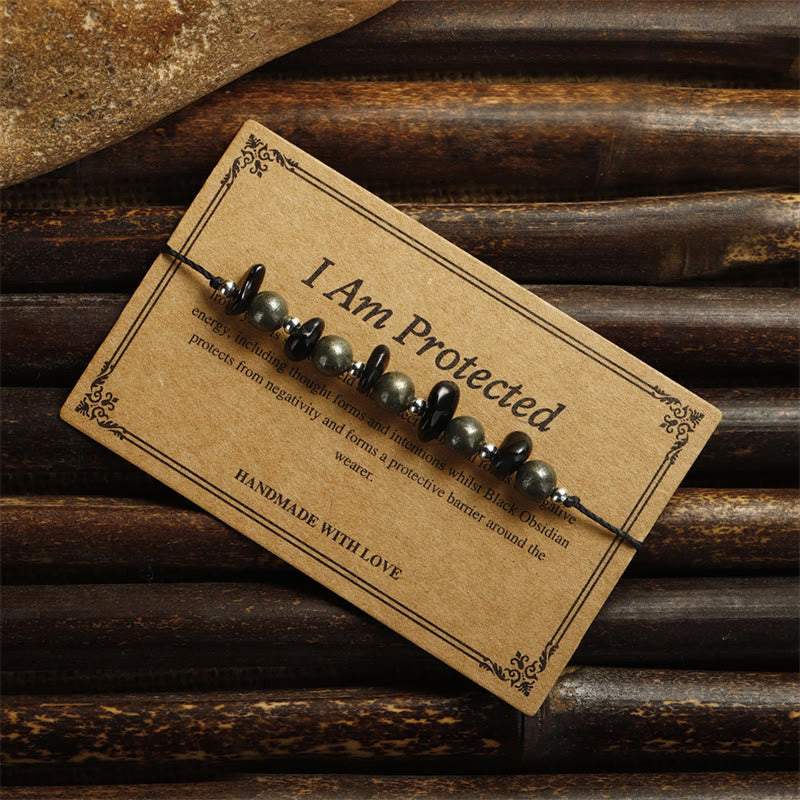 Wear FengShui I Am Protected Iron Pyrite Black Obsidian Fulfillment Bracelet