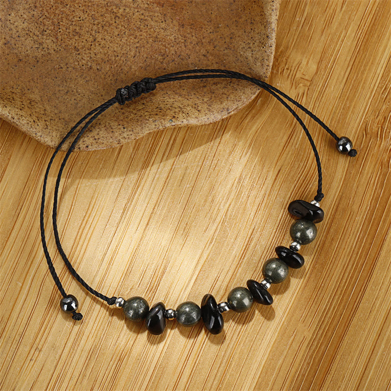 Wear FengShui I Am Protected Iron Pyrite Black Obsidian Fulfillment Bracelet