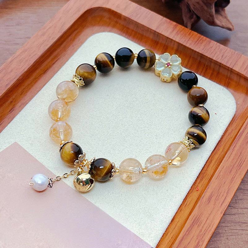 Wear FengShui Natural Tiger Eye Citrine Beads Flower Bell Courage Bracelet
