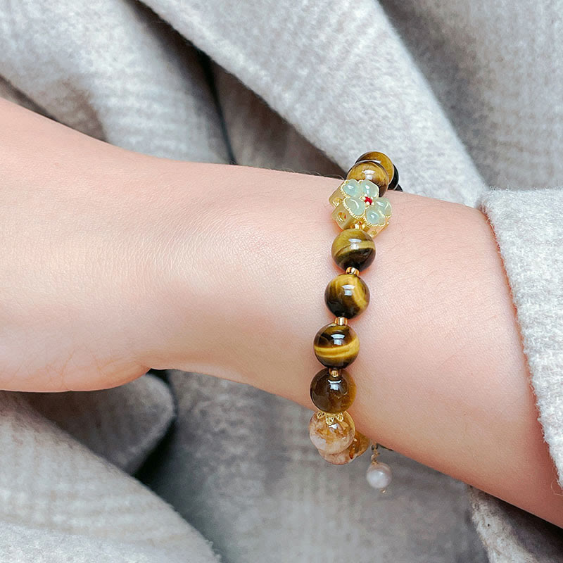 Wear FengShui Natural Tiger Eye Citrine Beads Flower Bell Courage Bracelet