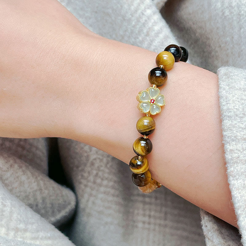 Wear FengShui Natural Tiger Eye Citrine Beads Flower Bell Courage Bracelet