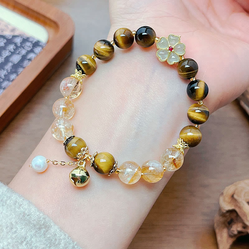 Wear FengShui Natural Tiger Eye Citrine Beads Flower Bell Courage Bracelet