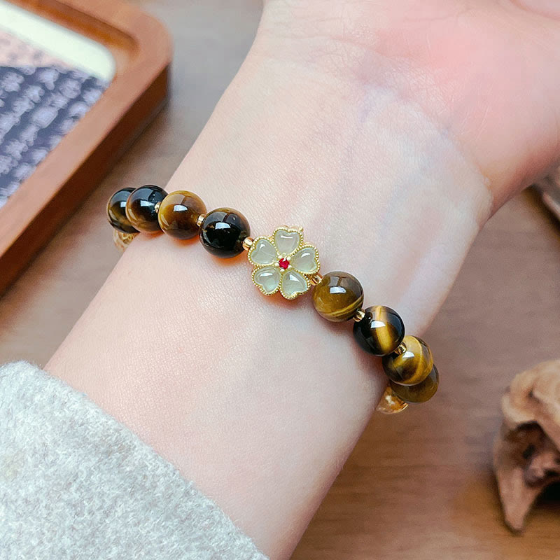 Wear FengShui Natural Tiger Eye Citrine Beads Flower Bell Courage Bracelet