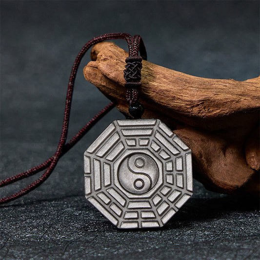 Wear FengShui Silver Sheen Obsidian Bagua Yin Yang Symbol Protection Necklace Pendant