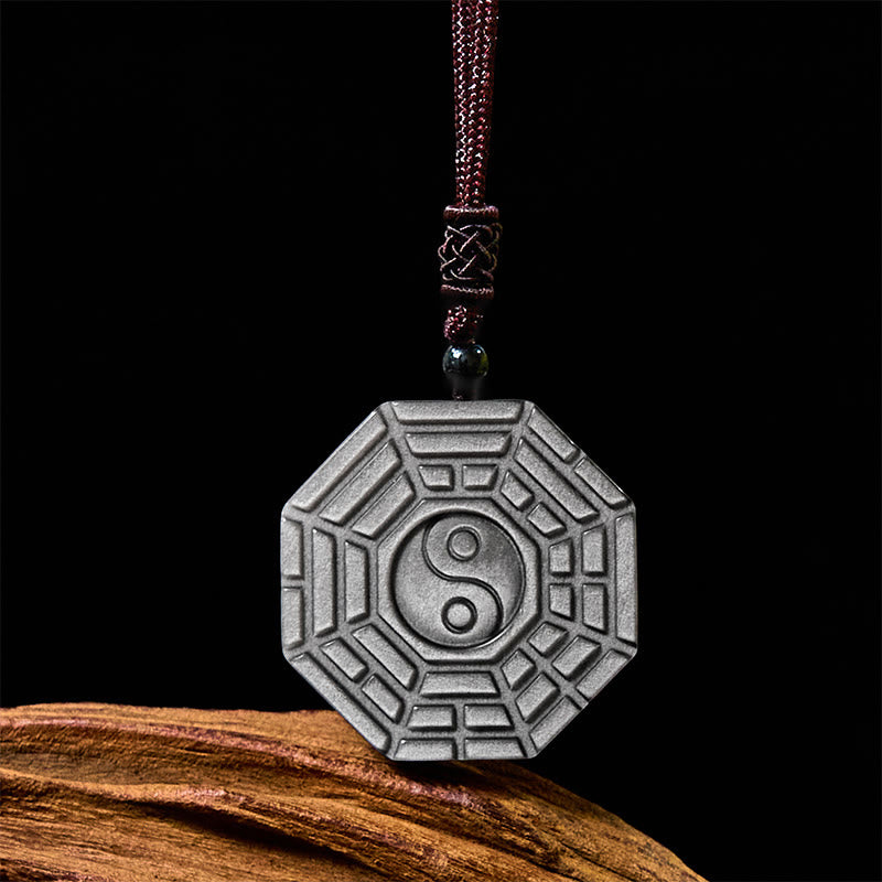 Wear FengShui Silver Sheen Obsidian Bagua Yin Yang Symbol Protection Necklace Pendant