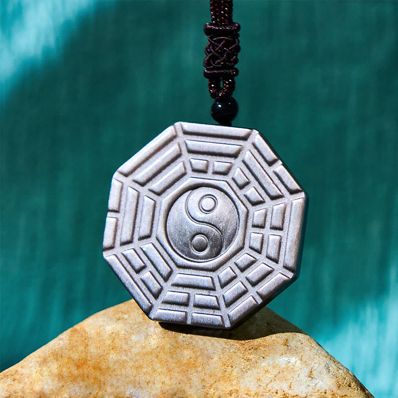 Wear FengShui Silver Sheen Obsidian Bagua Yin Yang Symbol Protection Necklace Pendant