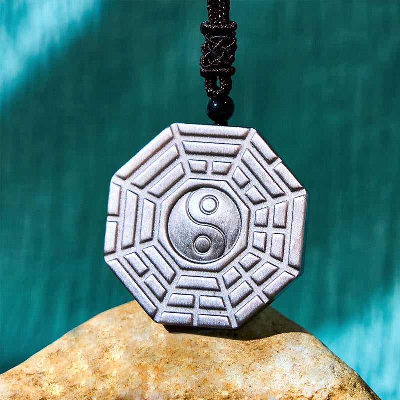 Wear FengShui Silver Sheen Obsidian Bagua Yin Yang Symbol Protection Necklace Pendant