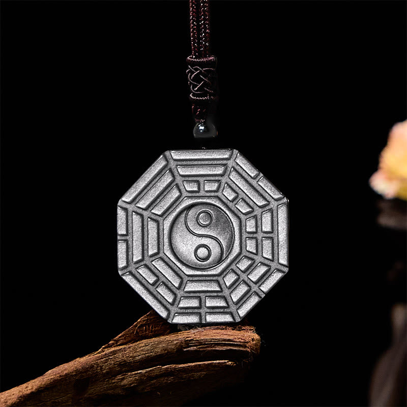 Wear FengShui Silver Sheen Obsidian Bagua Yin Yang Symbol Protection Necklace Pendant