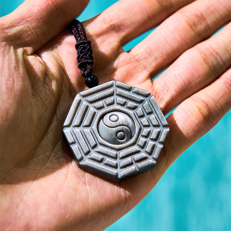 Wear FengShui Silver Sheen Obsidian Bagua Yin Yang Symbol Protection Necklace Pendant