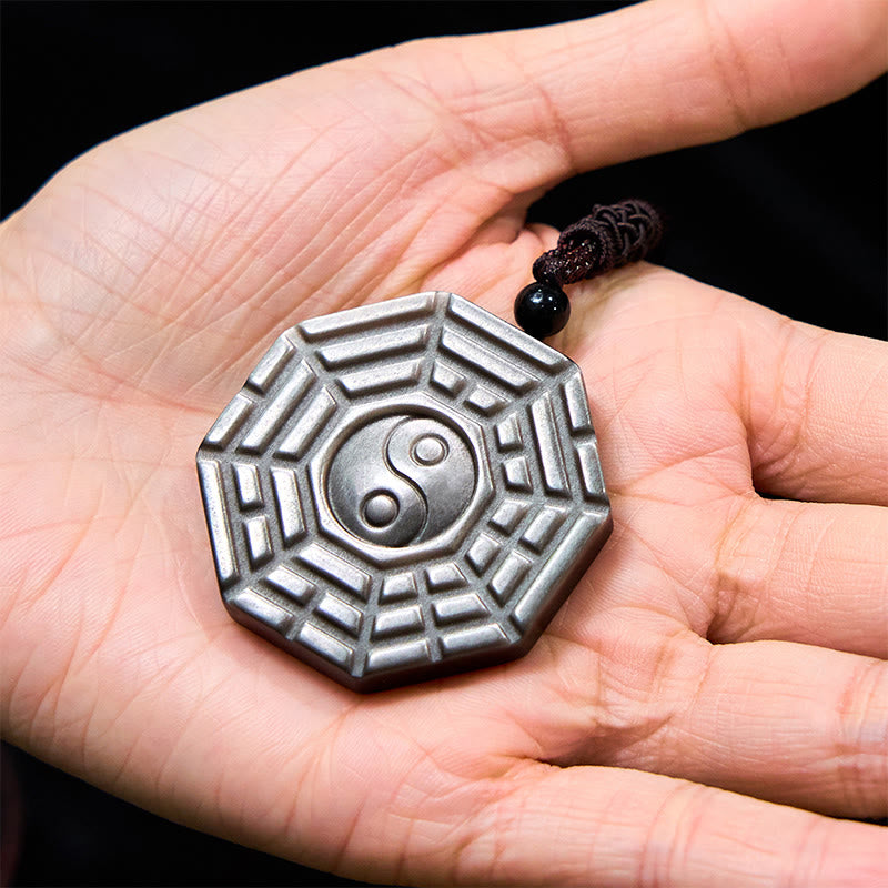 Wear FengShui Silver Sheen Obsidian Bagua Yin Yang Symbol Protection Necklace Pendant