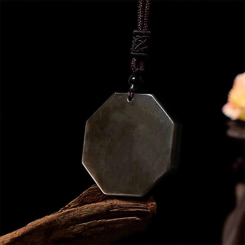 Wear FengShui Silver Sheen Obsidian Bagua Yin Yang Symbol Protection Necklace Pendant