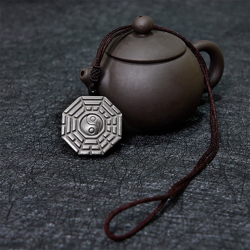 Wear FengShui Silver Sheen Obsidian Bagua Yin Yang Symbol Protection Necklace Pendant