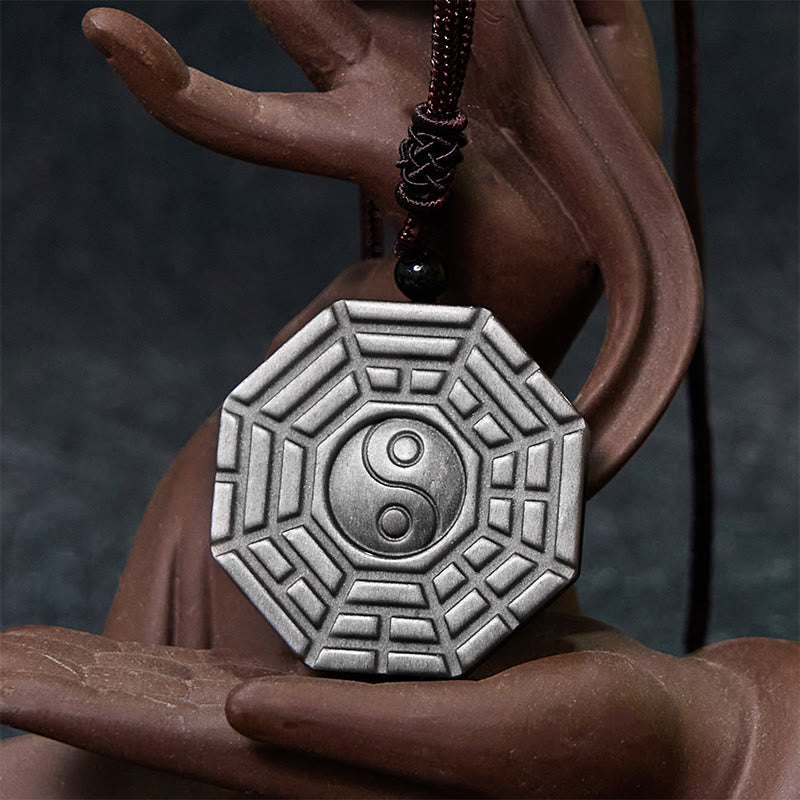 Wear FengShui Silver Sheen Obsidian Bagua Yin Yang Symbol Protection Necklace Pendant