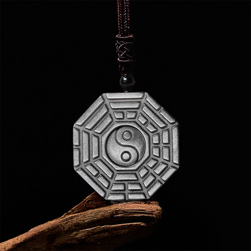 Wear FengShui Silver Sheen Obsidian Bagua Yin Yang Symbol Protection Necklace Pendant