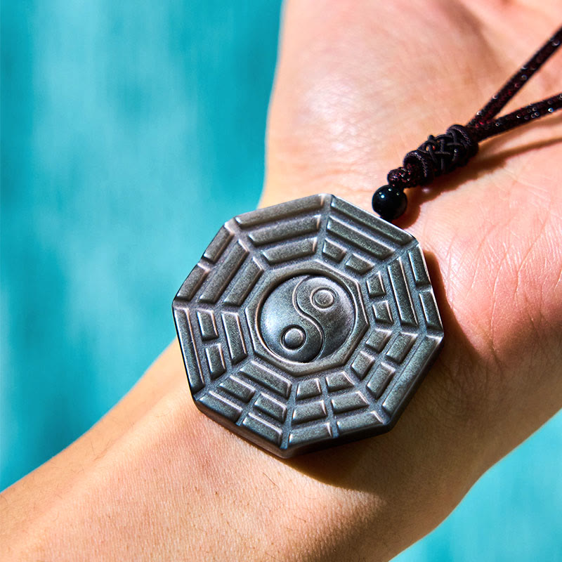 Wear FengShui Silver Sheen Obsidian Bagua Yin Yang Symbol Protection Necklace Pendant