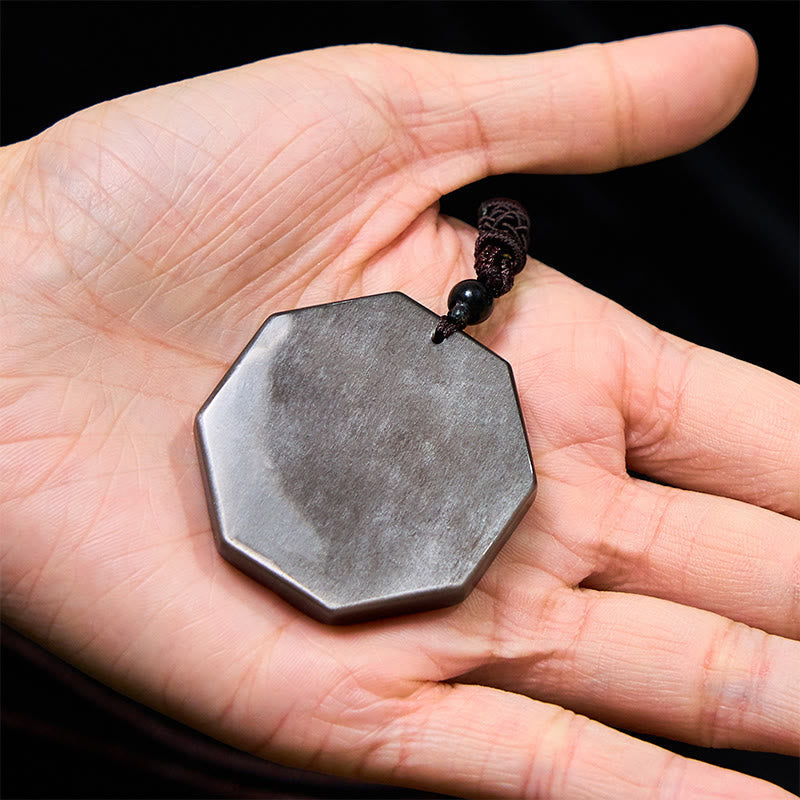 Wear FengShui Silver Sheen Obsidian Bagua Yin Yang Symbol Protection Necklace Pendant