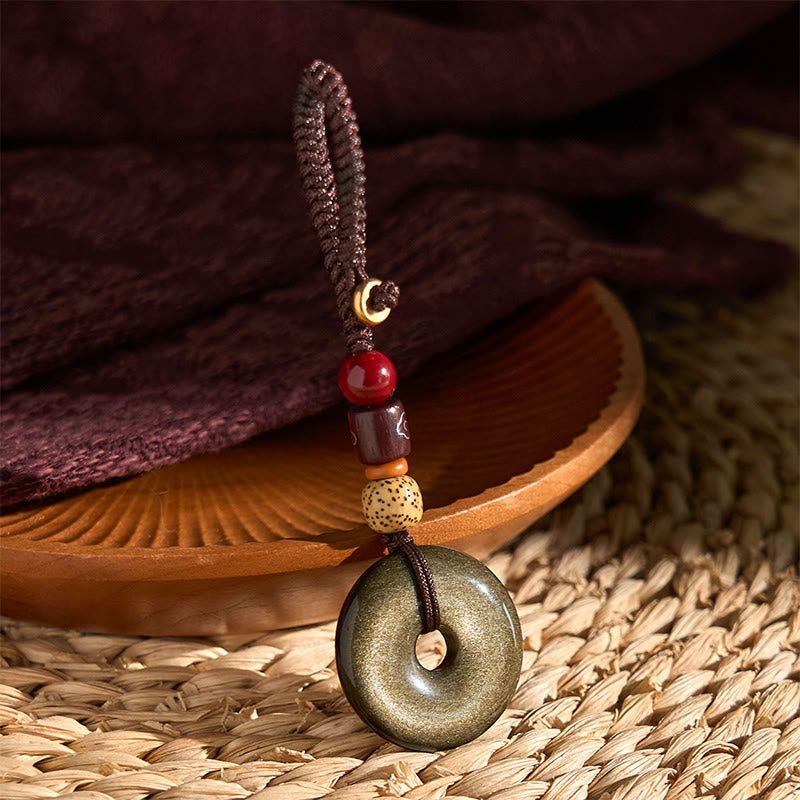 Wear FengShui Natural Gold Sheen Obsidian Peace Buckle Strengthen Key Chain