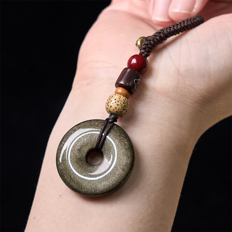 Wear FengShui Natural Gold Sheen Obsidian Peace Buckle Strengthen Key Chain