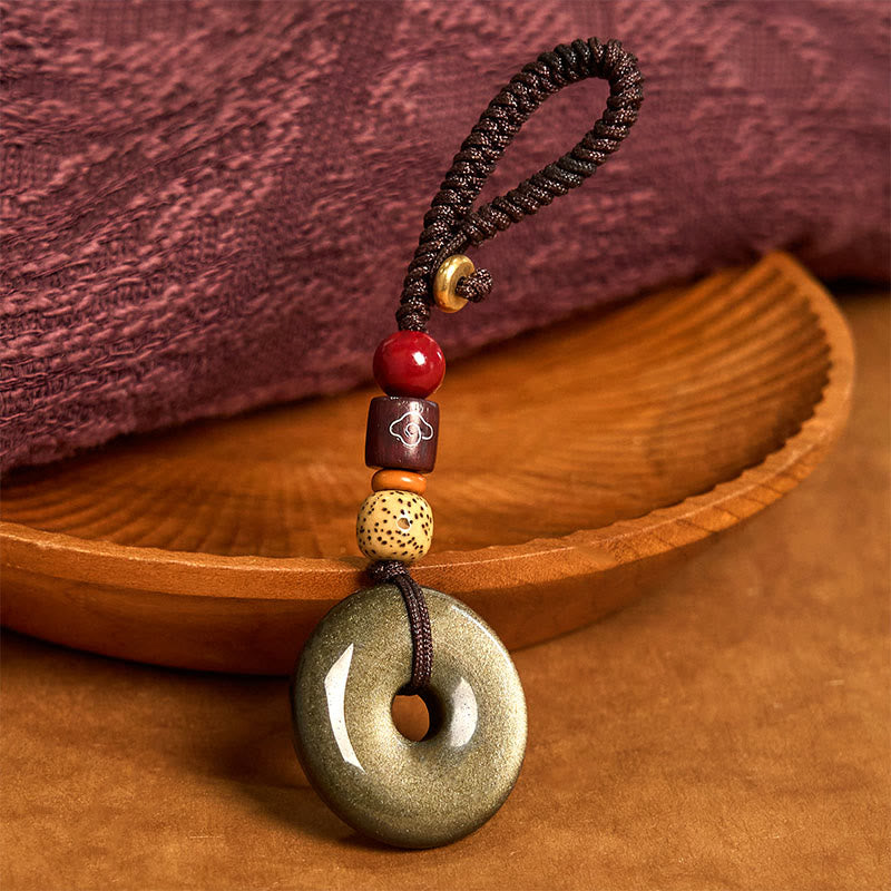 Wear FengShui Natural Gold Sheen Obsidian Peace Buckle Strengthen Key Chain