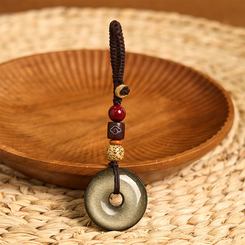 Wear FengShui Natural Gold Sheen Obsidian Peace Buckle Strengthen Key Chain