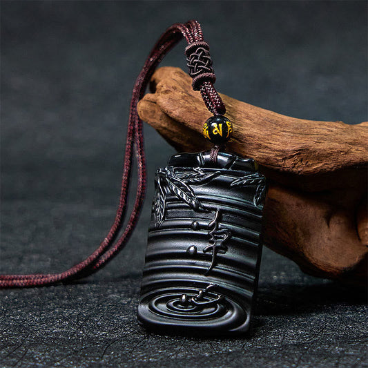 Wear FengShui Natural Black Obsidian Bamboo Fulfillment Necklace Pendant
