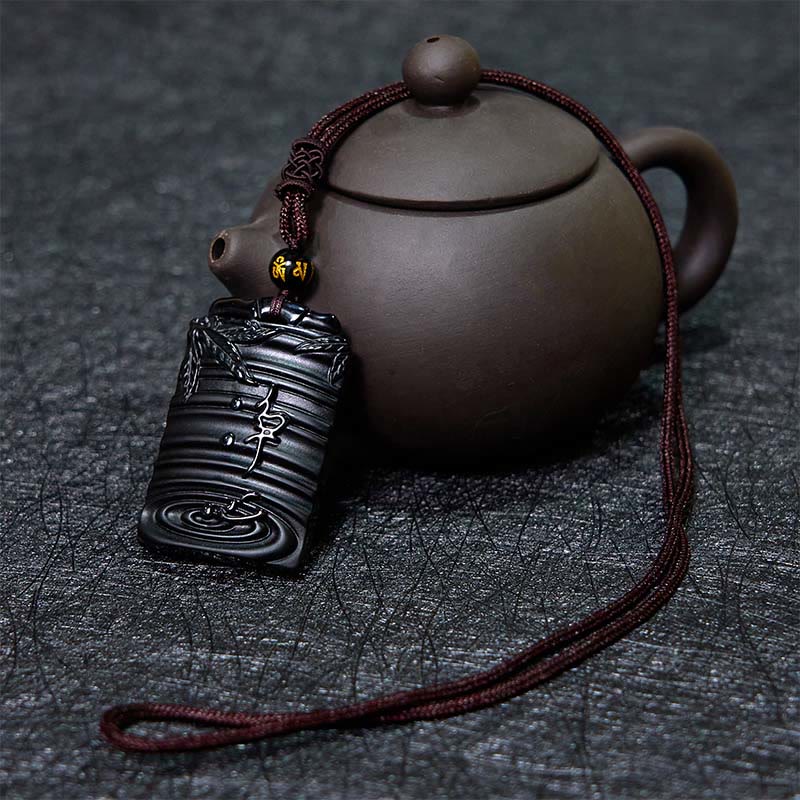 Wear FengShui Natural Black Obsidian Bamboo Fulfillment Necklace Pendant