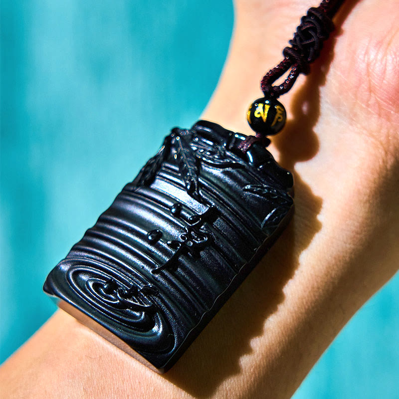 Wear FengShui Natural Black Obsidian Bamboo Fulfillment Necklace Pendant